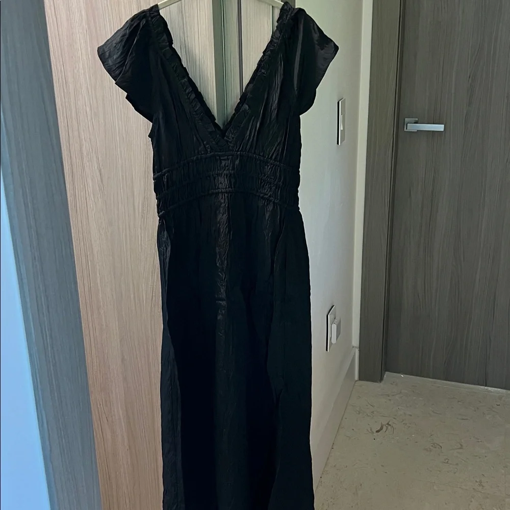 J. Crew Black Crinkled Midi Dress with Shoulder Ruffle and Side Slit NWT